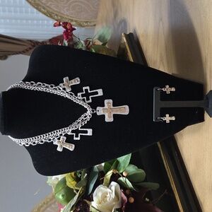 MIA Multi-Layered Silver Cross Necklace Set